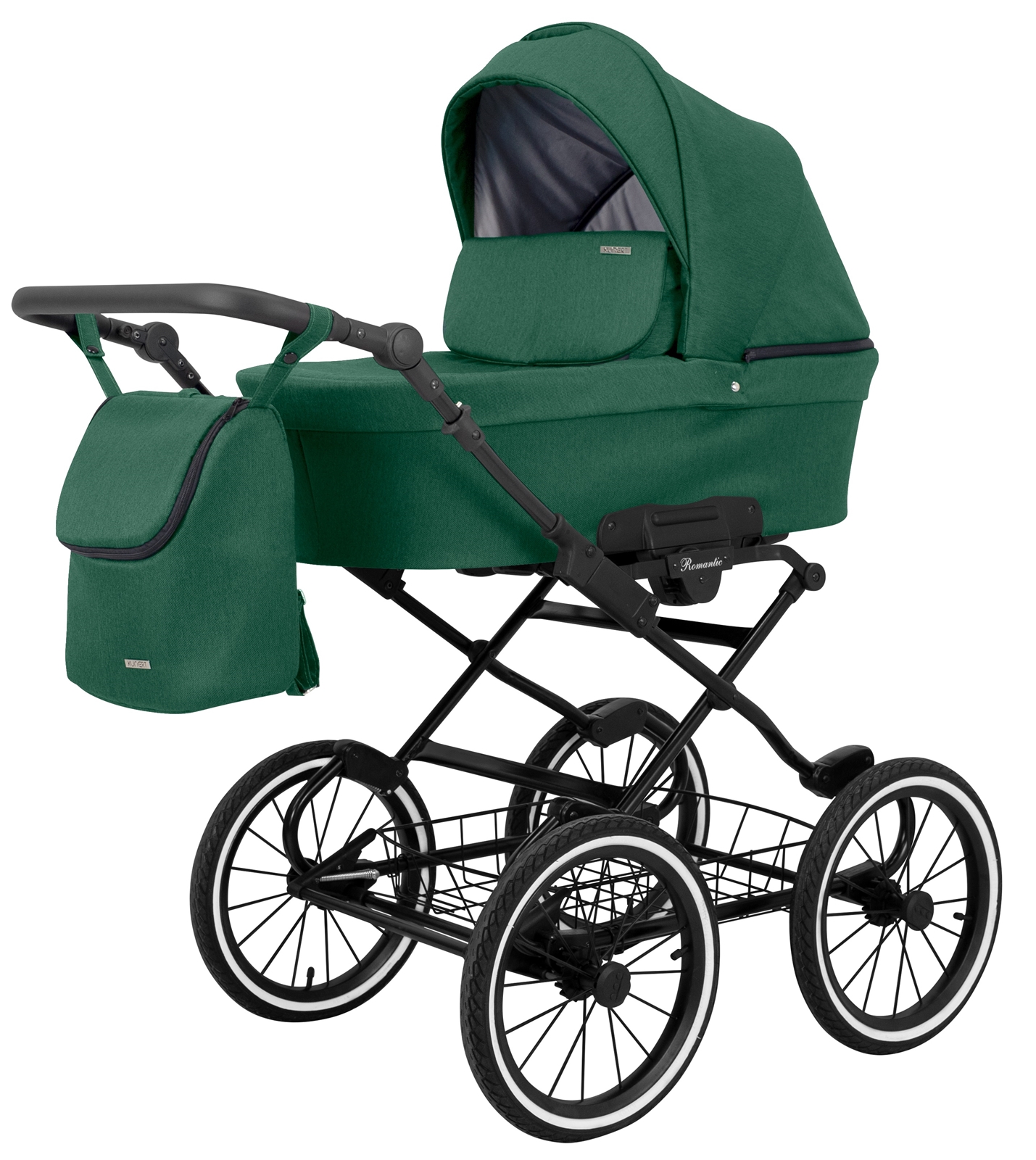 Zielony wózek retro Kunert Romantic na białym tle z dopasowaną torbą i dużymi kołami.